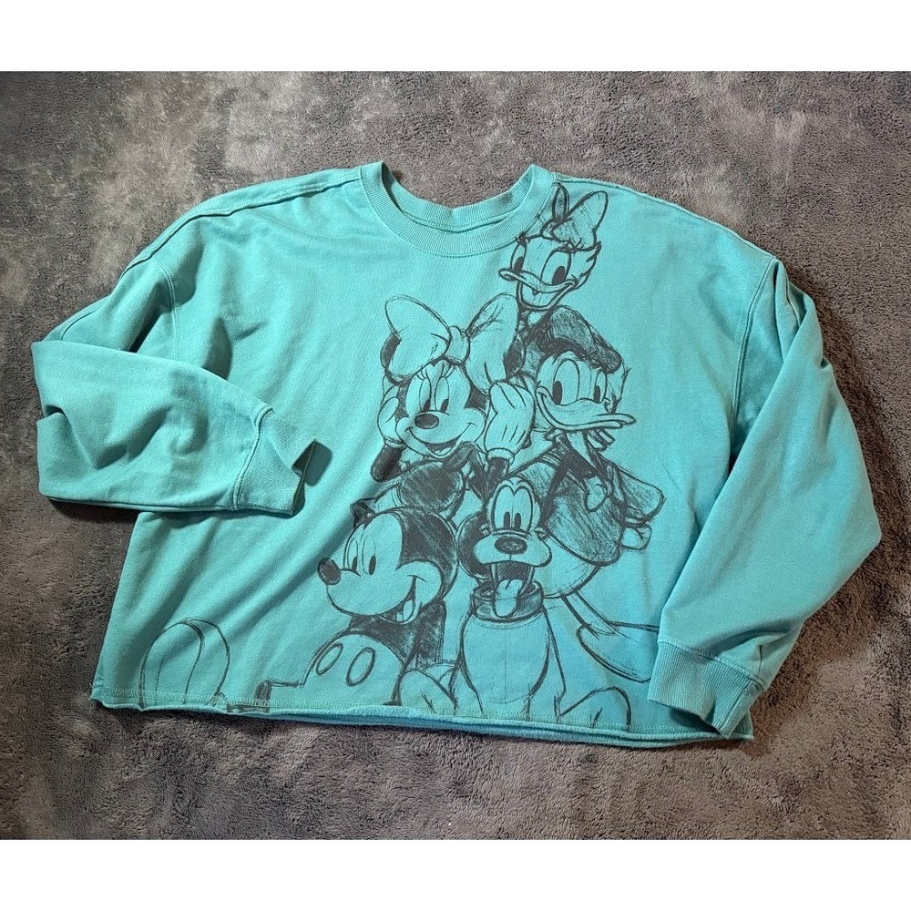 Disney Mickey and Friends Teal Cropped Sweatshirt XXL Sketch Graphic Raw Hem
